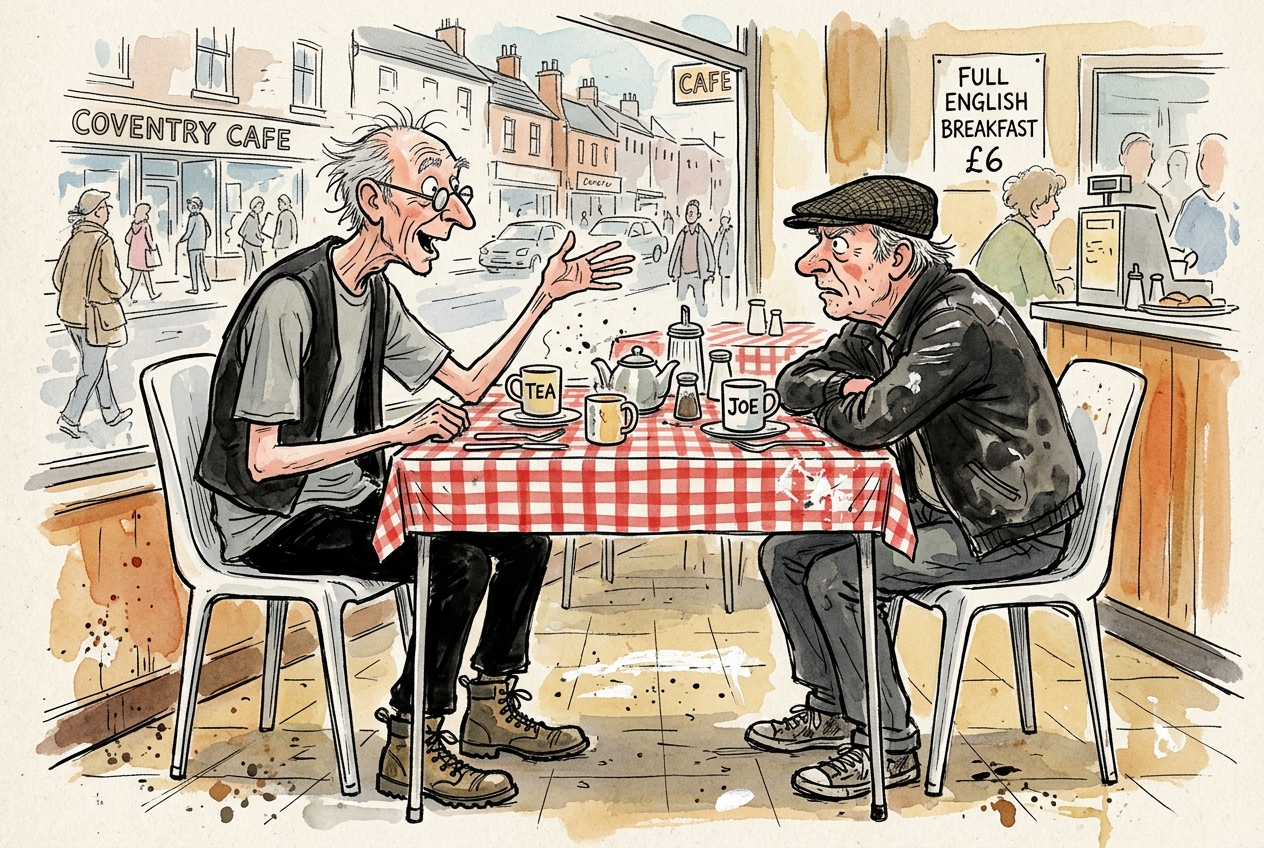 Two old men sat in a greasy spoon cafe