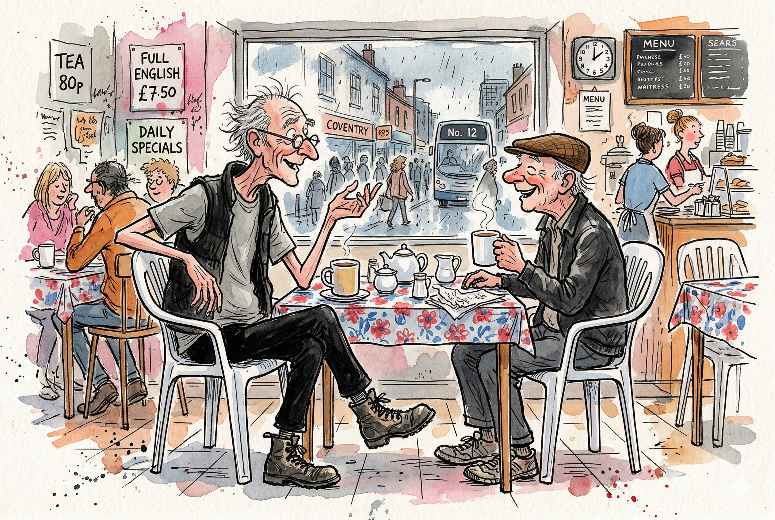 Two old men sat in a greasy spoon cafe