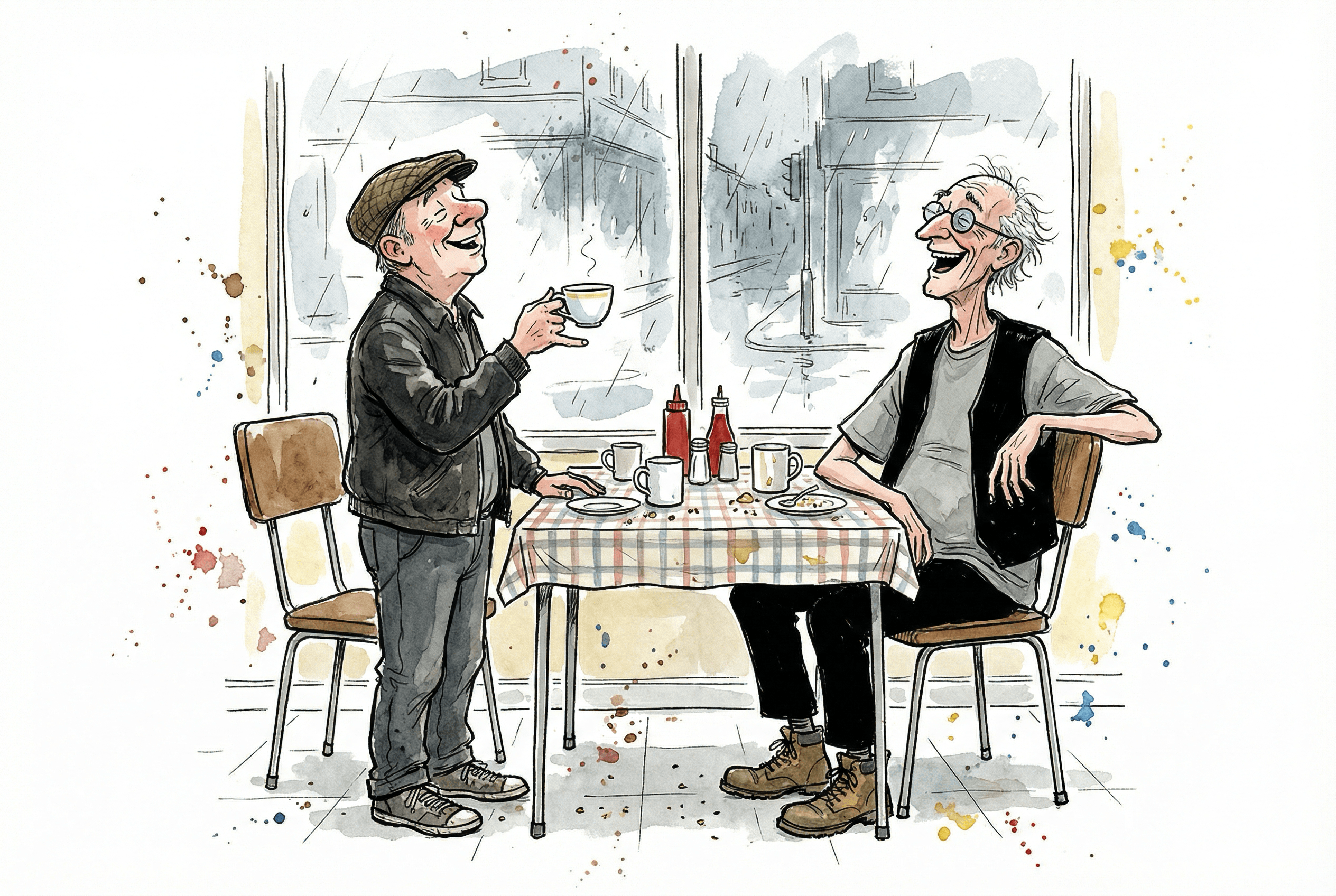 Two old men sat in a greasy spoon cafe