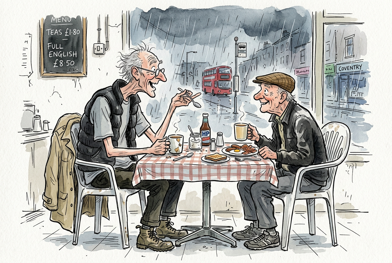 Two old men sat in a greasy spoon cafe