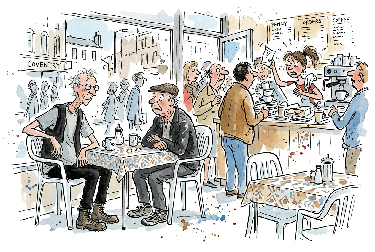 Two old men sat in a greasy spoon cafe