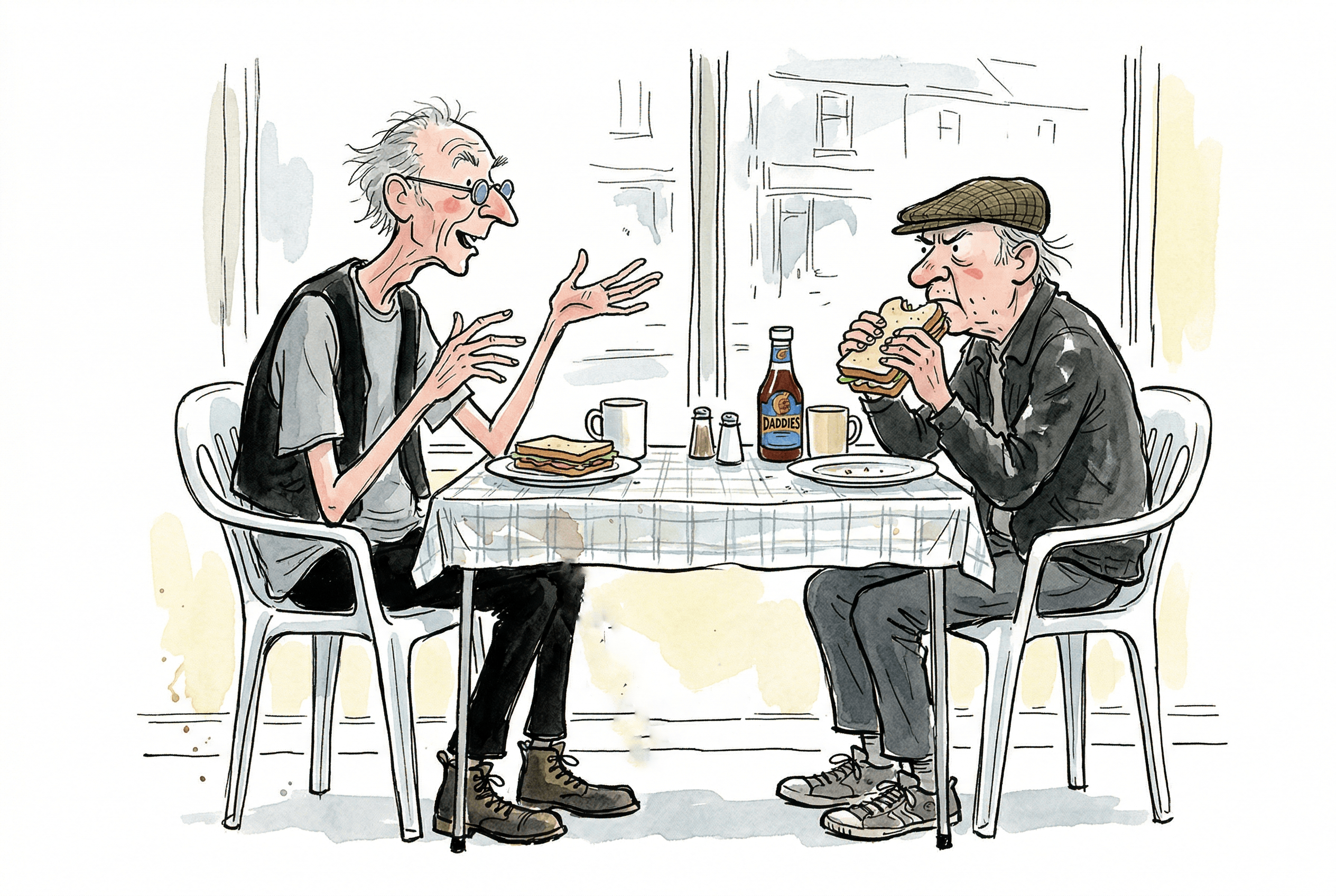 Two old men sat in a greasy spoon cafe